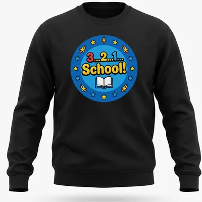 Colorful cartoon print of rockets and a book with the text 3...2...1... School! — printed on a unisex sweatshirt