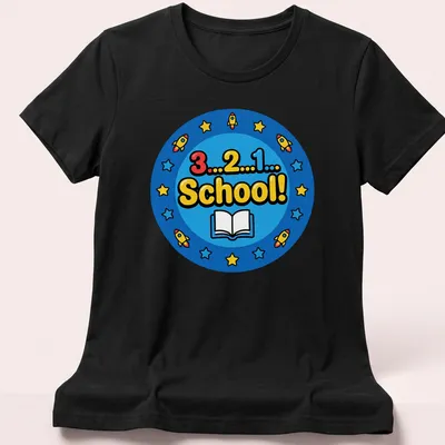 Colorful cartoon print of rockets and a book with the text 3...2...1... School! — printed on a women's shirt
