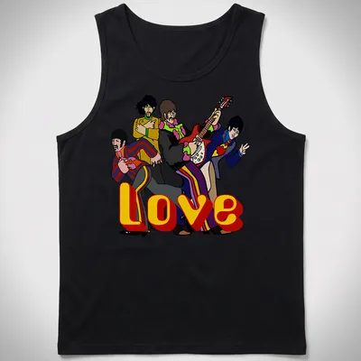 Vintage cartoon Beatles band t-shirt with Love printed beneath their colorful depiction — printed on a tank top