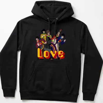 Vintage cartoon Beatles band t-shirt with Love printed beneath their colorful depiction — printed on a unisex hoodie