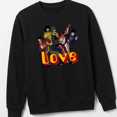 Vintage cartoon Beatles band t-shirt with Love printed beneath their colorful depiction — printed on a unisex sweatshirt