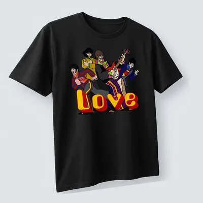 Vintage cartoon Beatles band t-shirt with Love printed beneath their colorful depiction — printed on a unisex t-shirt (angled view)