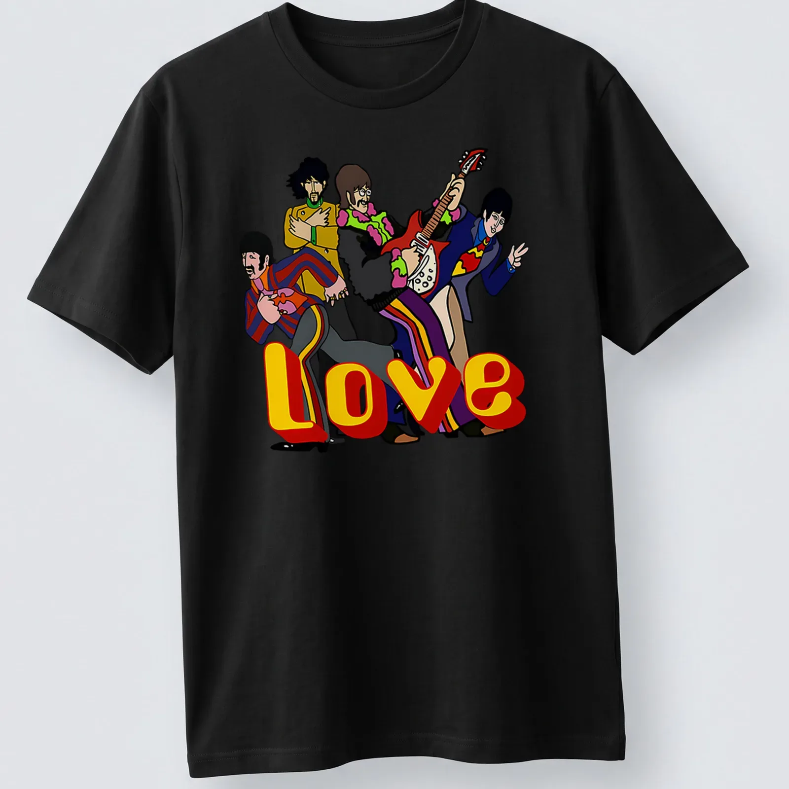 Vintage cartoon Beatles band t-shirt with Love printed beneath their colorful depiction — printed on a unisex t-shirt
