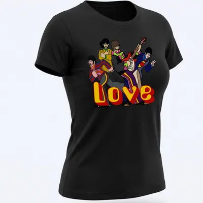 Vintage cartoon Beatles band t-shirt with Love printed beneath their colorful depiction — printed on a women's shirt