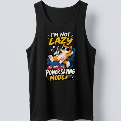 Colorful cartoon cat with coffee and humorous text about laziness — printed on a tank top