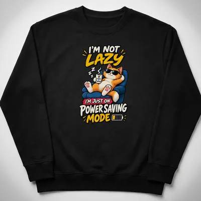 Colorful cartoon cat with coffee and humorous text about laziness — printed on a unisex sweatshirt