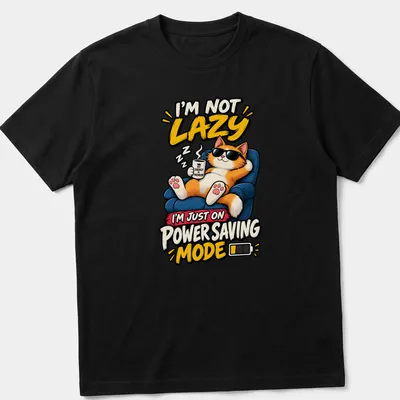 Colorful cartoon cat with coffee and humorous text about laziness