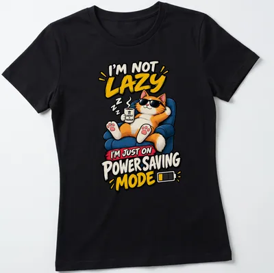 Colorful cartoon cat with coffee and humorous text about laziness — printed on a women's shirt