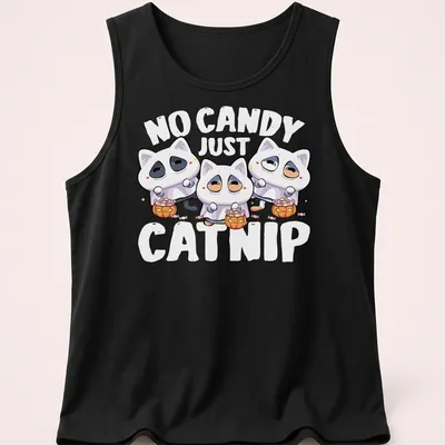 Kawaii shirt with cat ghosts and the text 'No Candy Just Catnip' in white, orange, pink, and black tones. — printed on a tank top
