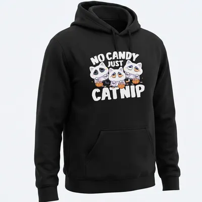 Kawaii shirt with cat ghosts and the text 'No Candy Just Catnip' in white, orange, pink, and black tones. — printed on a unisex hoodie