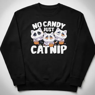 Kawaii shirt with cat ghosts and the text 'No Candy Just Catnip' in white, orange, pink, and black tones. — printed on a unisex sweatshirt