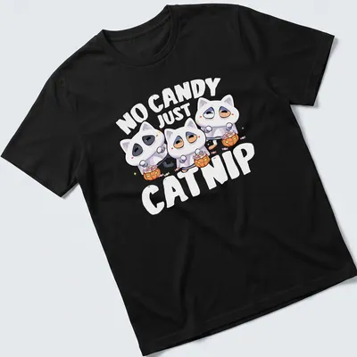 Kawaii shirt with cat ghosts and the text 'No Candy Just Catnip' in white, orange, pink, and black tones.
