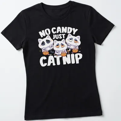 Kawaii shirt with cat ghosts and the text 'No Candy Just Catnip' in white, orange, pink, and black tones. — printed on a women's shirt