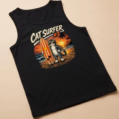 Cat surfing on a wave with a surfboard in a vintage cartoon style — printed on a tank top