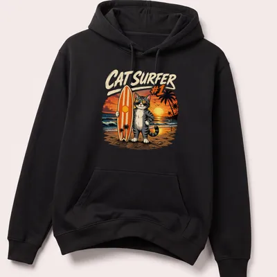 Cat surfing on a wave with a surfboard in a vintage cartoon style — printed on a unisex hoodie