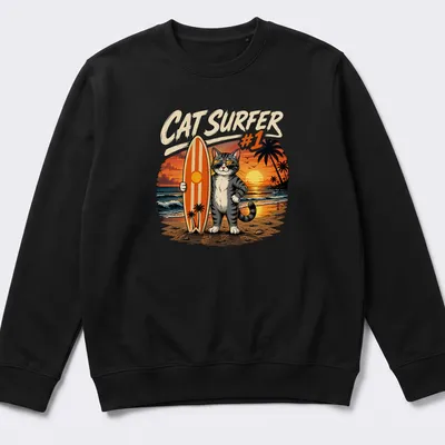 Cat surfing on a wave with a surfboard in a vintage cartoon style — printed on a unisex sweatshirt