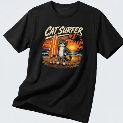 Cat surfing on a wave with a surfboard in a vintage cartoon style
