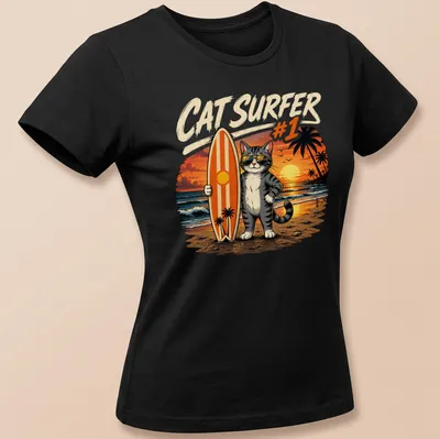 Cat surfing on a wave with a surfboard in a vintage cartoon style — printed on a women's shirt