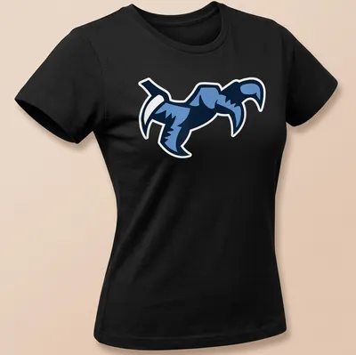Stylized graphic of an eagle flying in shades of blue — printed on a women's shirt
