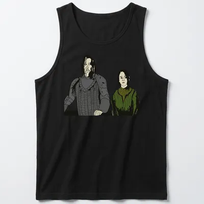 Illustrative t-shirt featuring two characters and the text 'Best Friendsss' in black and green — printed on a tank top