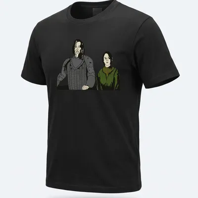 Illustrative t-shirt featuring two characters and the text 'Best Friendsss' in black and green