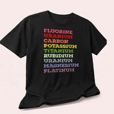 Vintage distressed design featuring chemistry elements in multiple colors — printed on a unisex t-shirt (angled view)