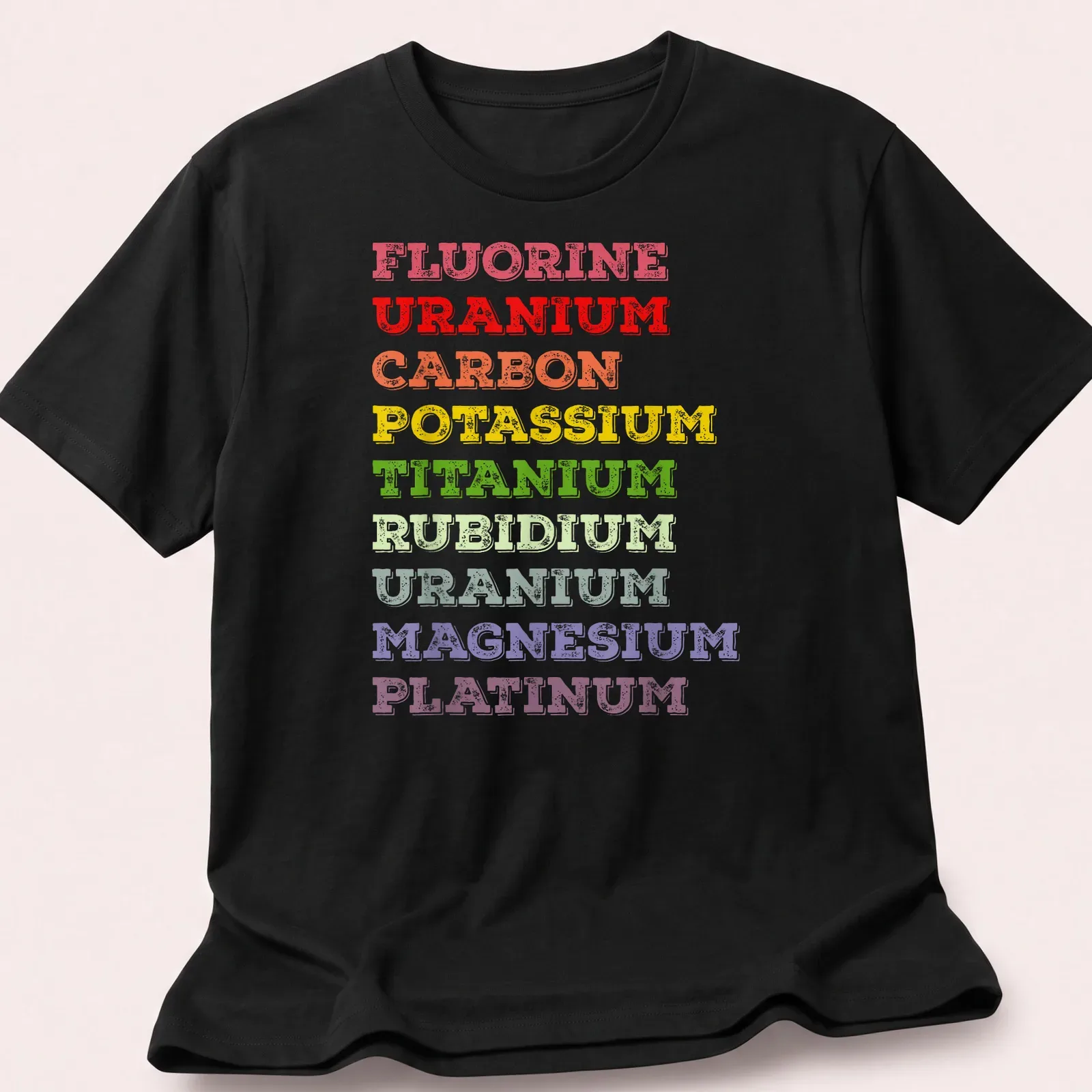 Vintage distressed design featuring chemistry elements in multiple colors — printed on a unisex t-shirt