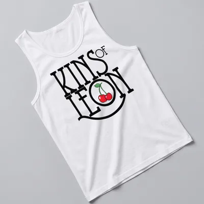 Bold typography t-shirt featuring cherries with KINS of LEON text — printed on a tank top