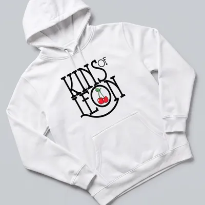 Bold typography t-shirt featuring cherries with KINS of LEON text — printed on a unisex hoodie