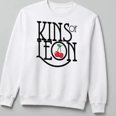 Bold typography t-shirt featuring cherries with KINS of LEON text — printed on a unisex sweatshirt