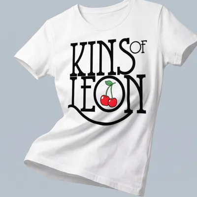 Bold typography t-shirt featuring cherries with KINS of LEON text — printed on a women's shirt