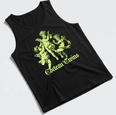 Vintage Cocteau Twins shirt featuring cherubic angels playing instruments — printed on a tank top
