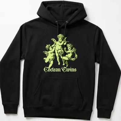 Vintage Cocteau Twins shirt featuring cherubic angels playing instruments — printed on a unisex hoodie
