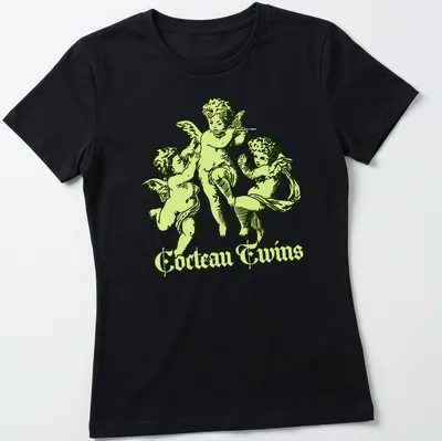 Vintage Cocteau Twins shirt featuring cherubic angels playing instruments — printed on a women's shirt