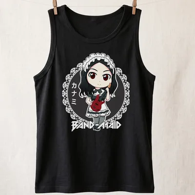 Kawaii chibi maid character playing a red electric guitar with Japanese text. — printed on a tank top