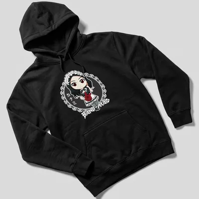 Kawaii chibi maid character playing a red electric guitar with Japanese text. — printed on a unisex hoodie