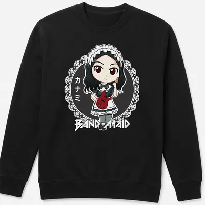 Kawaii chibi maid character playing a red electric guitar with Japanese text. — printed on a unisex sweatshirt