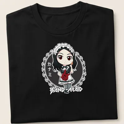 Kawaii chibi maid character playing a red electric guitar with Japanese text.