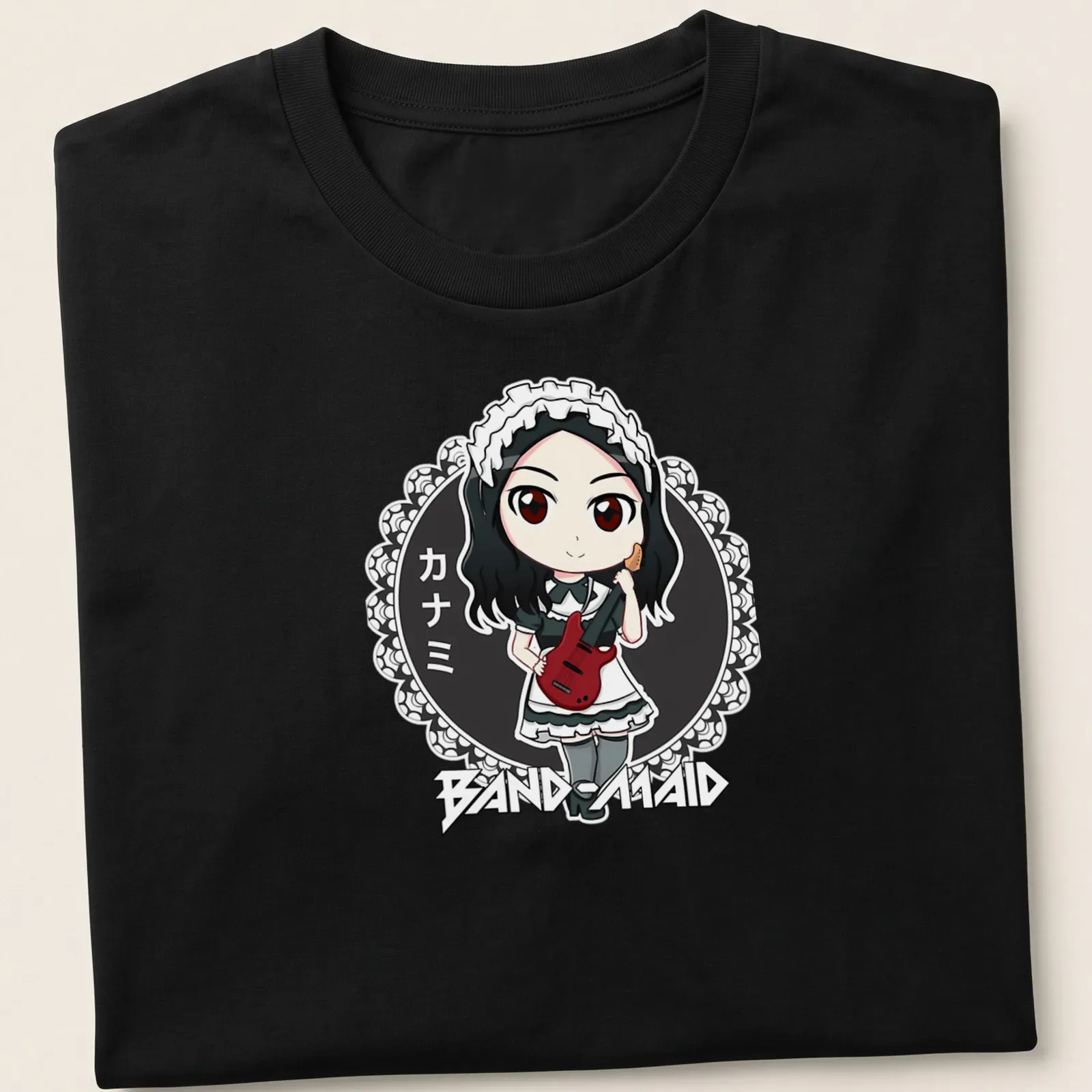 Kawaii chibi maid character playing a red electric guitar with Japanese text. — printed on a unisex t-shirt