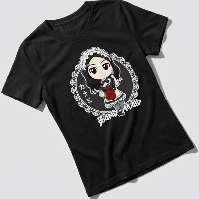 Kawaii chibi maid character playing a red electric guitar with Japanese text. — printed on a women's shirt