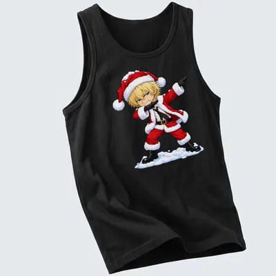 Chibi Santa dabbing in anime style with bright colors — printed on a tank top