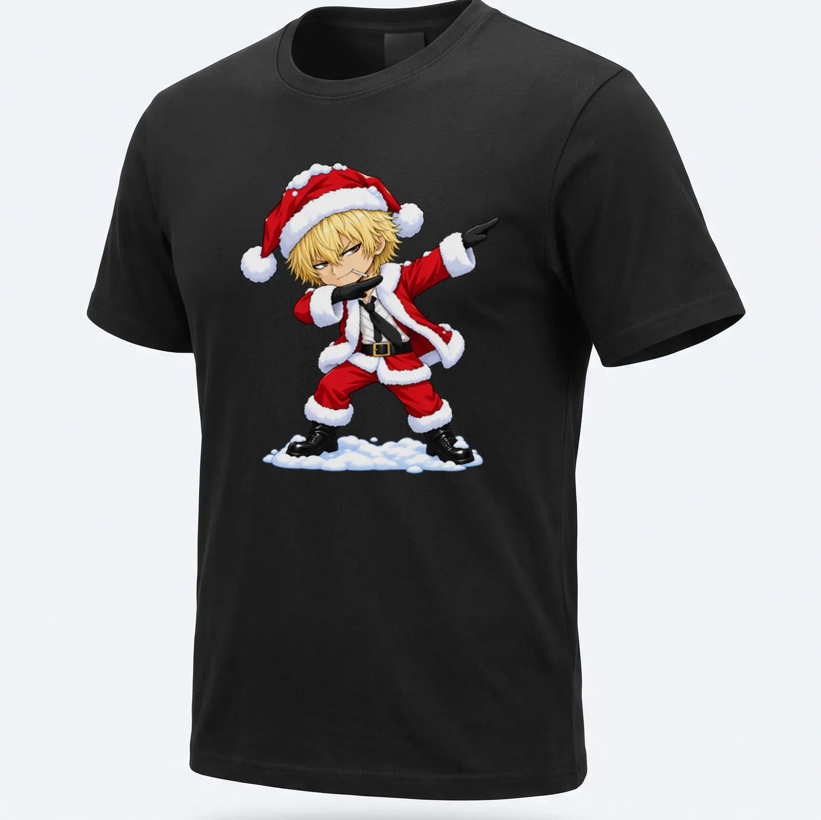 Chibi Santa dabbing in anime style with bright colors — printed on a unisex t-shirt
