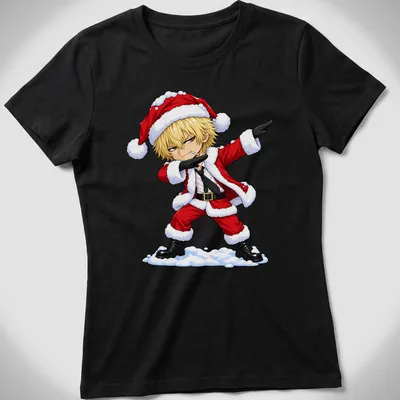 Chibi Santa dabbing in anime style with bright colors — printed on a women's shirt
