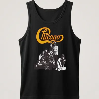 Retro Chicago band T-shirt with classic logo and group photo in yellow and black — printed on a tank top