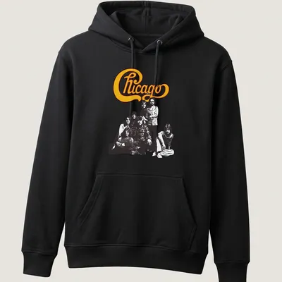 Retro Chicago band T-shirt with classic logo and group photo in yellow and black — printed on a unisex hoodie
