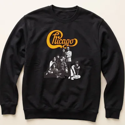 Retro Chicago band T-shirt with classic logo and group photo in yellow and black — printed on a unisex sweatshirt