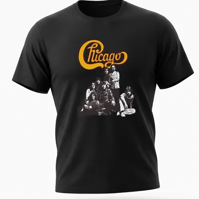 Retro Chicago band T-shirt with classic logo and group photo in yellow and black