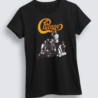 Retro Chicago band T-shirt with classic logo and group photo in yellow and black — printed on a women's shirt
