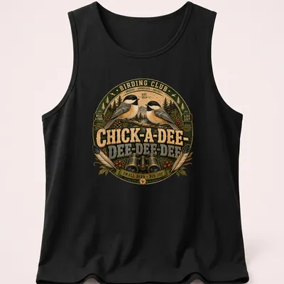 Vintage circular design featuring chickadee birds and text about birding. — printed on a tank top