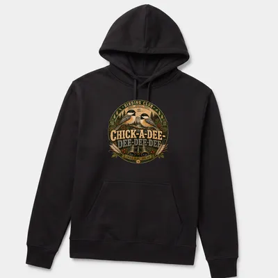 Vintage circular design featuring chickadee birds and text about birding. — printed on a unisex hoodie